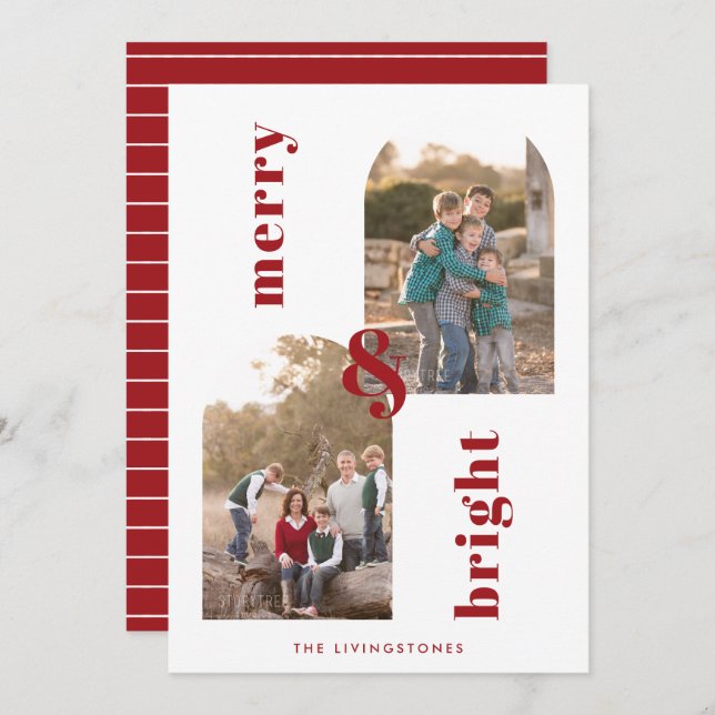 Cartão De Festividades Feliz e Arcos Brilhantes Foto Vermelha e Branca 2 (Frente/Verso)