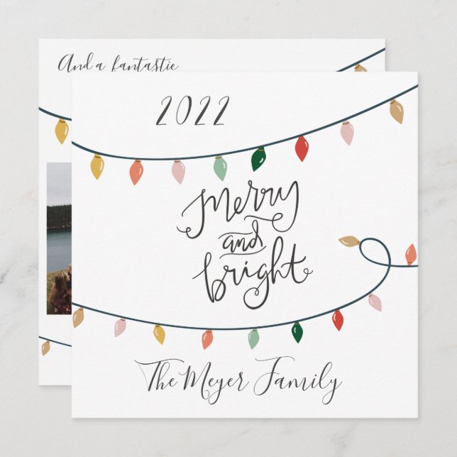 Cartão De Festividades Feliz e Bright Script Christmas Lights 3 Photo (Frente/Verso)