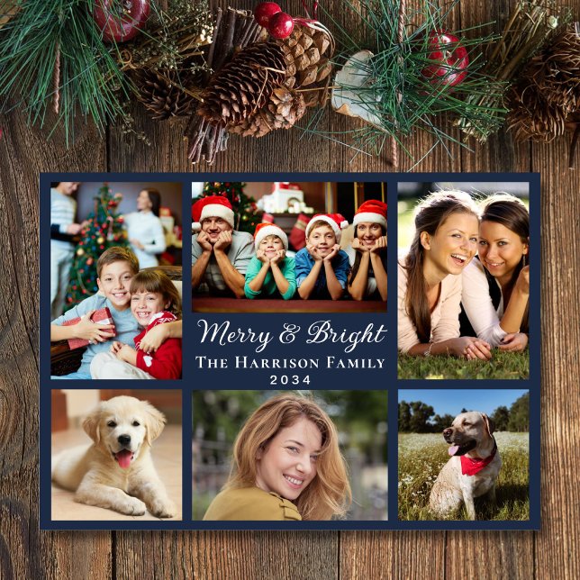 Cartão De Festividades Feliz E Brilho 6 Fotografia Colagem Azul Natal (This holiday season, let the magic of your cherished moments unfold with our 6 photo Christmas card)