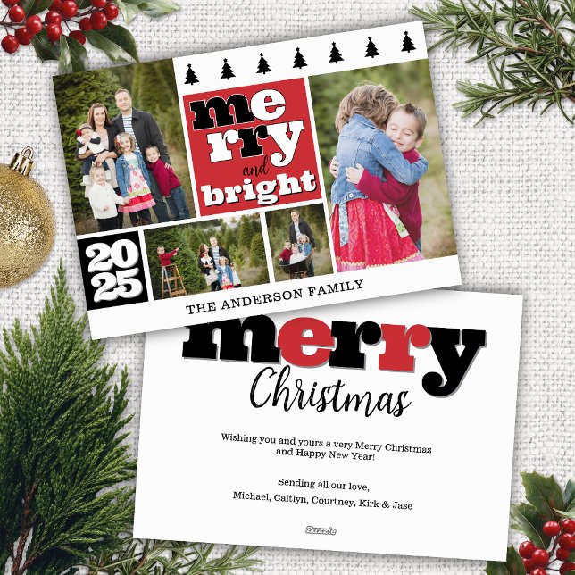 Cartão De Festividades Feliz e Brilho da Colagem de Fotos Preta e Vermelh (red black and white merry and bright christmas card with 4 photo collage family name year message)