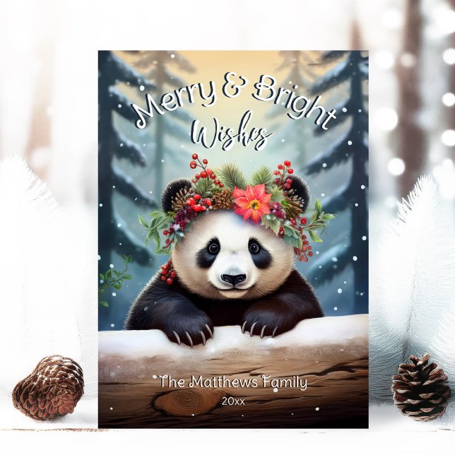 Cartão De Festividades Feliz e Brilho da Floresta do Urso Panda (Adorable Winter Snowy Scene With Peeking Dogs or Farm/Woodland Animals - Over 50 to Choose From!)