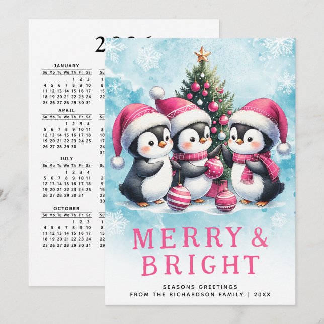 Cartão De Festividades Feliz e Brilho de Pinguins de Natal rosa (Frente/Verso)