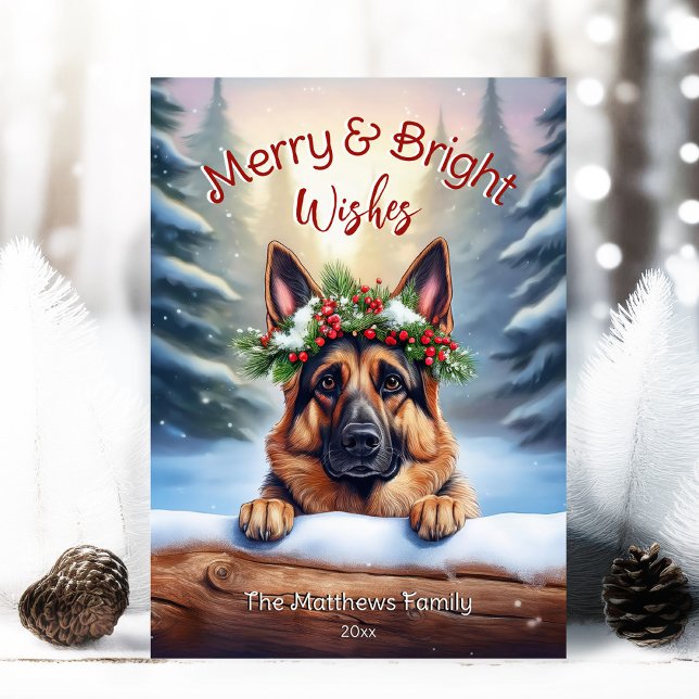 Cartão De Festividades Feliz e Brilho do Retrato da Floresta do german sh (Adorable Winter Snowy Scene With Peeking Dogs or Farm/Woodland Animals - Over 50 to Choose From!)
