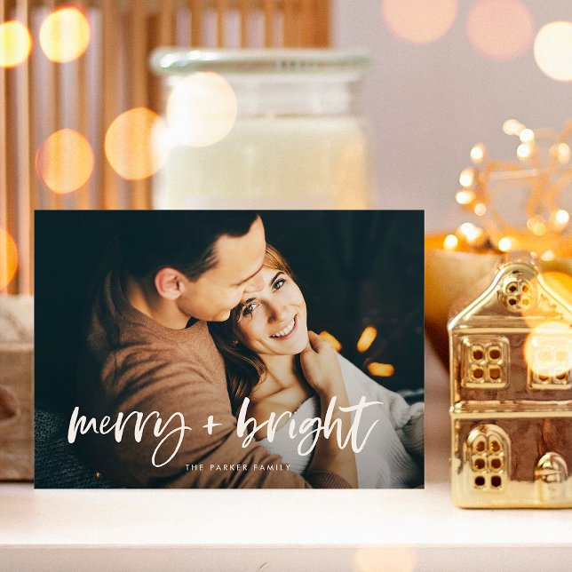 Cartão De Festividades Feliz e Brilho | Natal para as duas fotografias mo (A modern and elegant holiday card with two family photos and casual white typography)