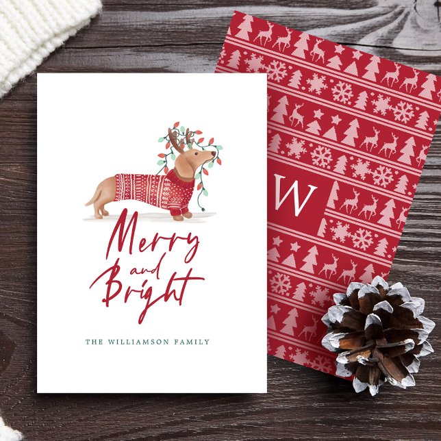 Cartão De Festividades Feliz e Brilho | Suéter de Natal Dachshund (Merry & Bright | Dachshund Christmas Sweater Holiday Card)