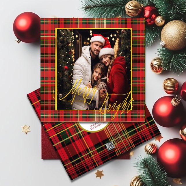 Cartão De Festividades 'Feliz e Brilho' Xadrez clássica, foto vermelha e  (Cherished Moments Tartan Photo Greeting Card - Red, Green, and Gold 'Merry & Bright' Design)
