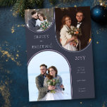 Cartão De Festividades Feliz e casado com fotos modernas simples recém-ca<br><div class="desc">Para seu primeiro natal como casal casado, este simples e retrógrado cartão com fotos de feriado moderno mostra 3 de suas fotos de casamento ou fotos de natal favoritos. Suas fotografias são exibidas em um trio de quadros em forma de arco e o design é marcado com "feliz e casado"....</div>