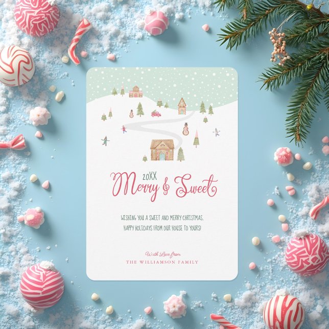 Cartão De Festividades Feliz e doce Aquarela Gingercake Cidade de Candy (Merry & Sweet Watercolor Gingerbread Candy Town Holiday Card)