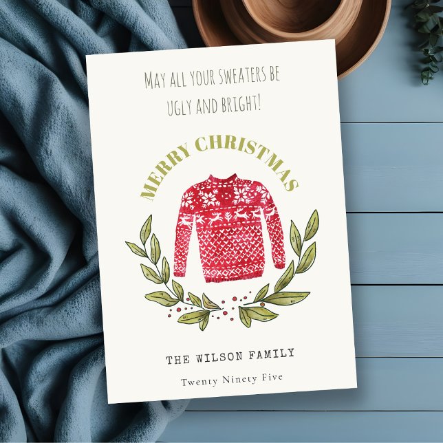 Cartão De Festividades Feliz e Feio Suéter Folha Vermelha Feliz Natal Ver (Criador carregado)