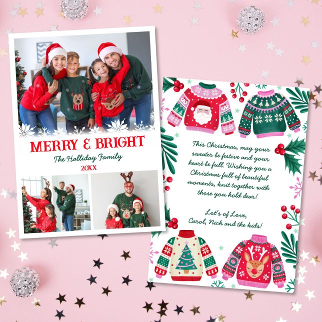 Cartão De Festividades Feliz e Foto Brilhante Colagem de Natal (3 Photo Collage Ugly Sweater Christmas Holiday Card)