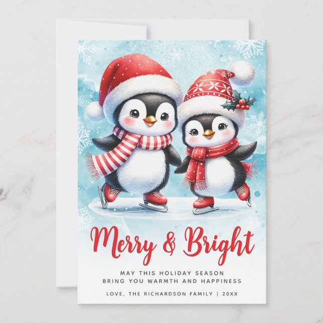Cartão De Festividades Feliz e Pinguim Brito Pinguim Azul Natal Vermelho (Frente)