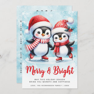 Cartão De Festividades Feliz e Pinguim Brito Pinguim Azul Natal Vermelho