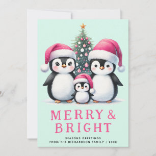 Cartão De Festividades Feliz e Pinguins Brilhantes Família Rosa Natal