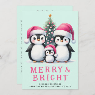 Cartão De Festividades Feliz e Pinguins Brilhantes Família Rosa Natal