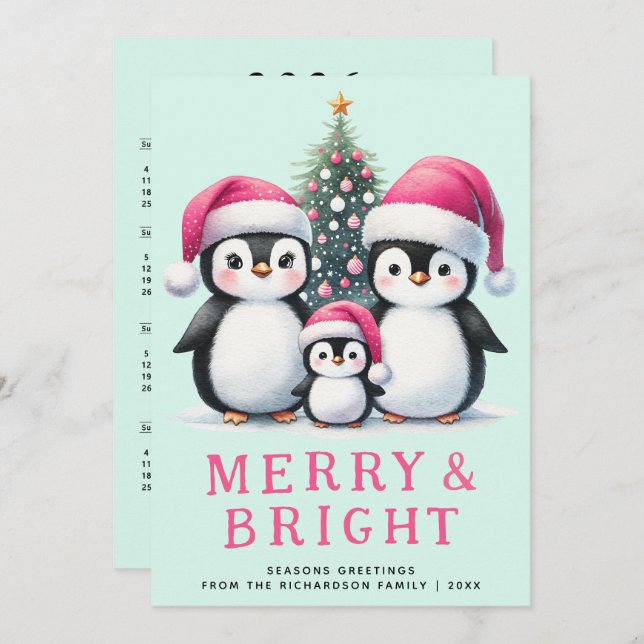 Cartão De Festividades Feliz e Pinguins Brilhantes Família Rosa Natal (Frente/Verso)