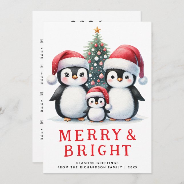 Cartão De Festividades Feliz e Pinguins Brilhantes Pinguins Brancos Natal (Frente/Verso)