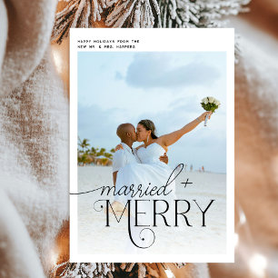 Cartão De Festividades Feliz e Script Casado Foto de Natal em Recém-casad