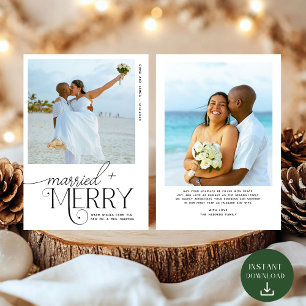 Cartão De Festividades Feliz e Script Casado Foto de Natal em Recém-casad