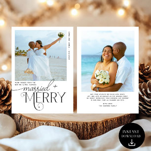 Cartão De Festividades Feliz e Script Casado Foto de Natal em Recém-casad
