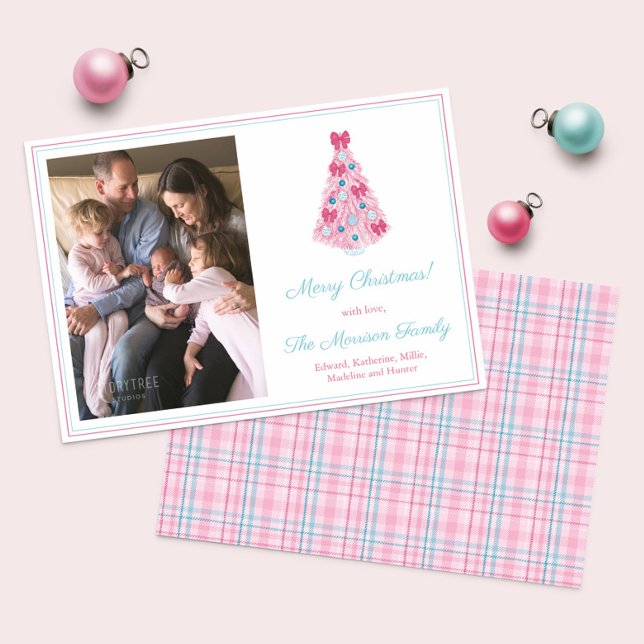 Cartão De Festividades Feliz E Teal Rosa Brilhante Foto Feliz De Natal (Pink And Teal Merry Christmas Holidays card featuring ornately decorated tree and tartan backer)