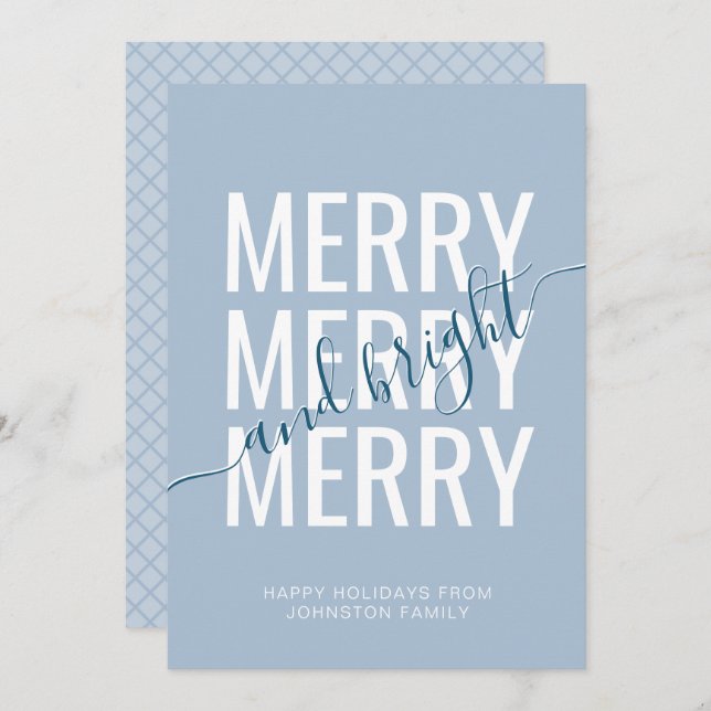 Cartão De Festividades Feliz e verificador azul-claro de Natal brilhante (Frente/Verso)