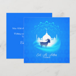 Cartão De Festividades Feliz Eid Al Adha Mubarak Bode Azul Branco Islâmic