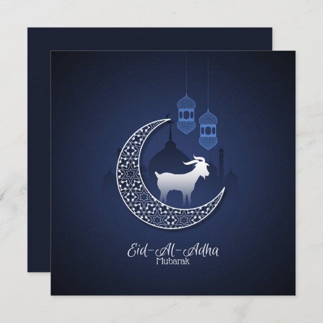 Cartão De Festividades Feliz Eid Al Adha Mubarak Bode Branco Azul Islâmic (Frente/Verso)