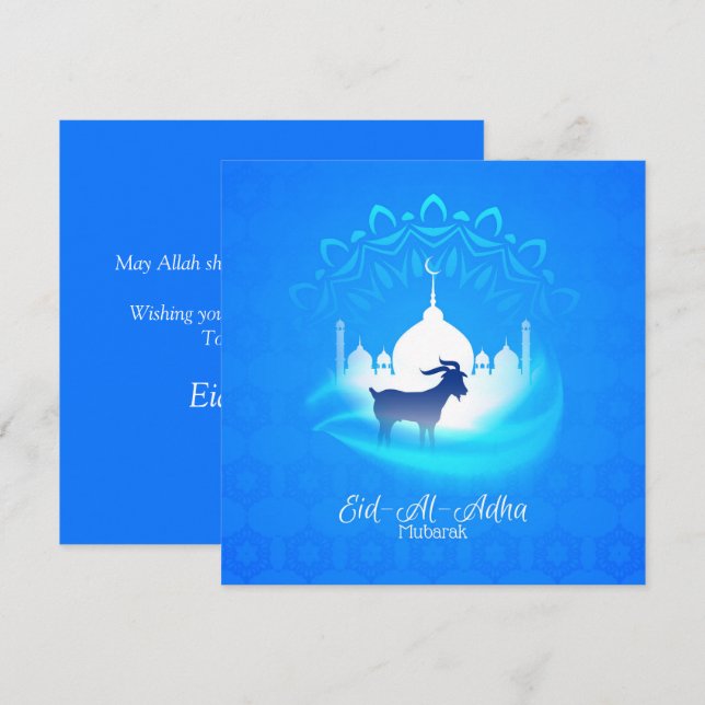 Cartão De Festividades Feliz Eid Al Adha Mubarak Bode Islâmico Branco Azu (Frente/Verso)