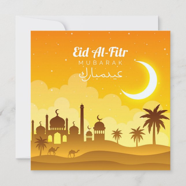 Cartão De Festividades Feliz Eid Mubarak Crescent Mesquita Camel Amarelo (Frente)