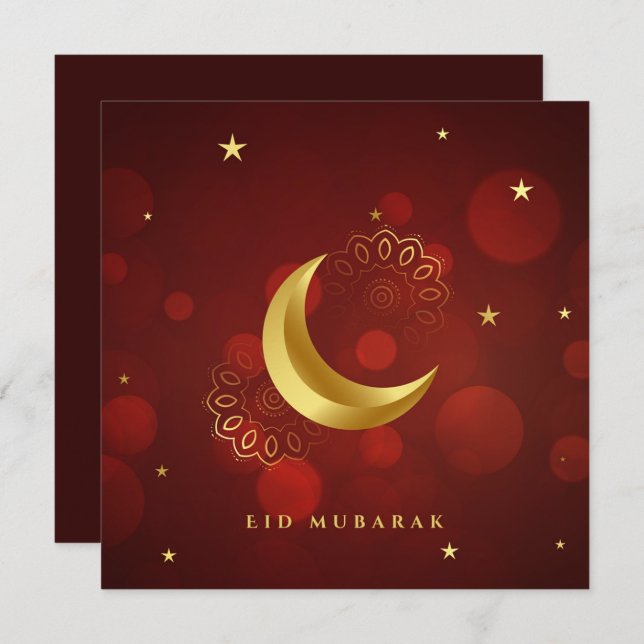 Cartão De Festividades Feliz Eid Mubarak Cresent - Padrão Dourado Vermelh (Frente/Verso)