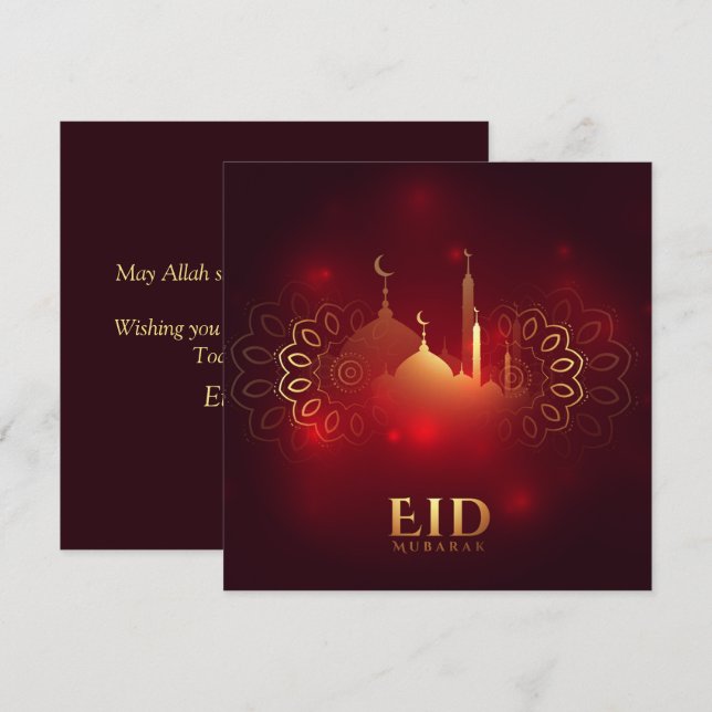 Cartão De Festividades Feliz Eid Mubarak - Ouro Crescent Mesquita Vermelh (Frente/Verso)