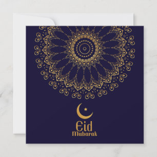 Cartão De Festividades Feliz Eid Mubarak Stars Crescente Azul Dourado 