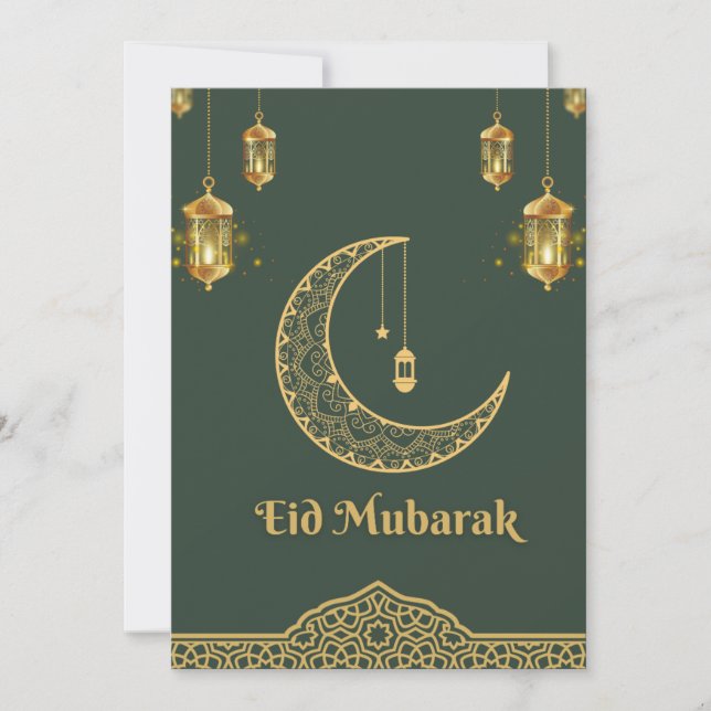 Cartão De Festividades Feliz Eid Mubarak Verde Escuro e Crescente Ouro (Frente)