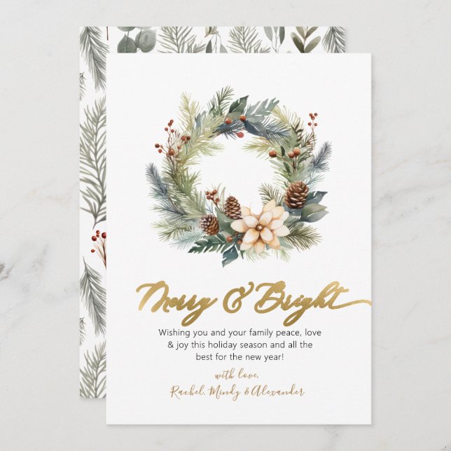Cartão De Festividades Feliz Elegante e Bright Script Wreath Natal (Frente/Verso)
