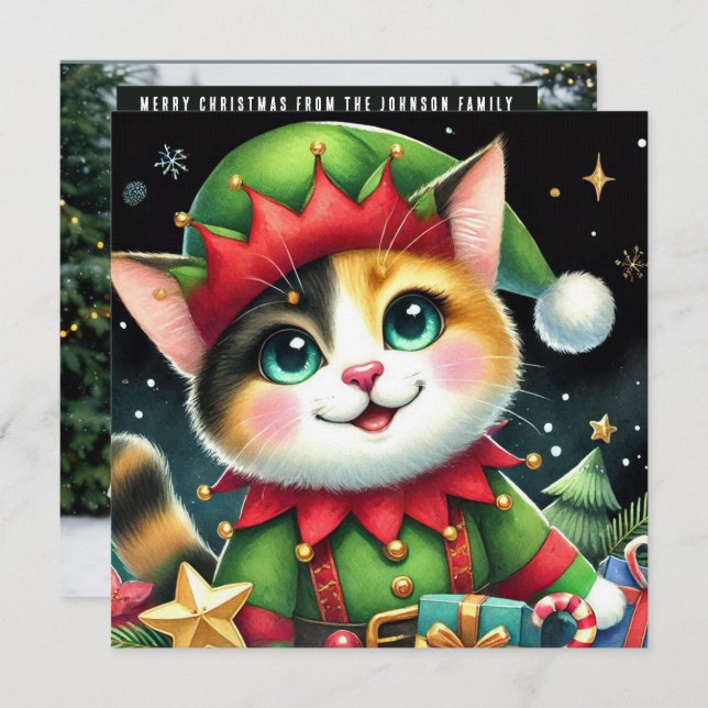 Cartão De Festividades Feliz Estrela de Natal Gato Calico Elf (Frente/Verso)