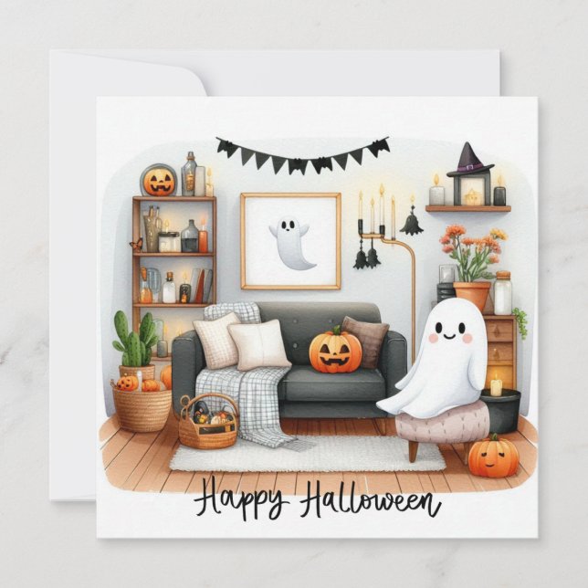 Cartão De Festividades Feliz Fantasma Bonito de Halloween em Sua Casa (Frente)