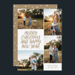 Cartão De Festividades Feliz Feliz ano novo de Natal 4 Photo Collage Hol<br><div class="desc">Esta placa de feriado na moda 4-Photo apresenta saudação de estilo manuscrito e uma colagem de fotos. O reverso apresenta um padrão de ponto flutuante. Todas as cores são personalizáveis.</div>