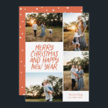 Cartão De Festividades Feliz Feliz ano novo de Natal 4 Vermelho de Colage<br><div class="desc">Esta placa de feriado na moda 4-Photo apresenta saudação de estilo manuscrito e uma colagem de fotos. O reverso apresenta um padrão de ponto flutuante. Todas as cores são personalizáveis.</div>