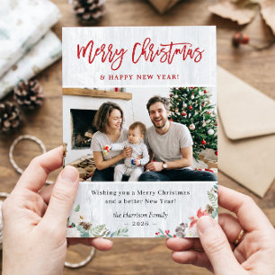 Cartão De Festividades Feliz Feliz ano novo de Natal Madeira Branca Rústi