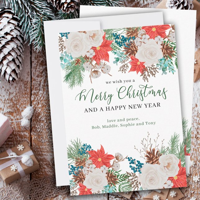 Cartão De Festividades Feliz Feliz ano novo de Natal Poinsettia e Pine (Criador carregado)
