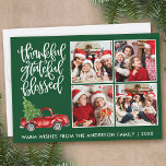 Cartão De Festividades Feliz Feliz Caminhão Abençoado 4 Foto Verde<br><div class="desc">A Placa de Férias de Colagem de Fotos 4,  Feliz e Grata,  do Script de Caligrafia Moderna inclui um Caminhão Vermelho Vintage com Aquarela com Árvore de Natal. Fundo Verde Florestal.</div>
