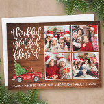 Cartão De Festividades Feliz Feliz Feliz Caminhão de Madeira Abençoado 4<br><div class="desc">A Placa de Férias de Colagem de Fotos 4,  Feliz e Grata,  do Script de Caligrafia Moderna inclui um Caminhão Vermelho Vintage com Aquarela com Árvore de Natal. Impressão de madeira rustica.</div>