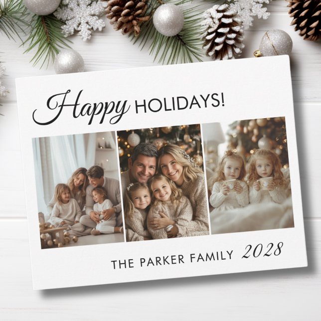 Cartão De Festividades Feliz Feriado! 3 Foto, Branco,Mínimo (Happy Holidays! 3 Photo, White,Minimal, Modern Holiday Card)