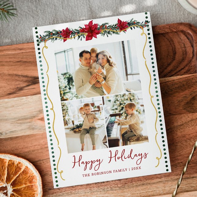 Cartão De Festividades Feliz feriado feliz em Poinsettia, verde simples 3 (Criador carregado)