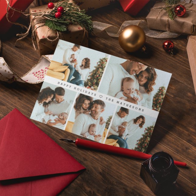 Cartão De Festividades Feliz feriado Moderno Mínimo Grade de Fotografias (Modern Family photo collage Happy Holidays Christmas greeting card.)