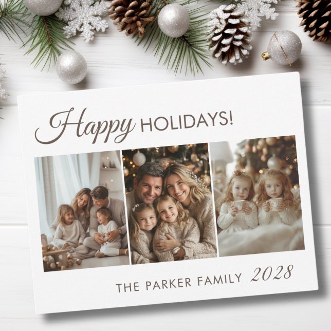 Cartão De Festividades Feliz Feriados! 3 Foto, Branco,Mínimo (Happy Holidays! 3 Photo, White, Brown, Minimal Holiday Card.)