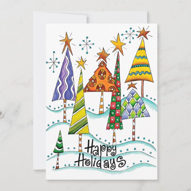Cartão De Festividades Feliz Férias! Árvores de Natal bonitas com Estrela (Frente)