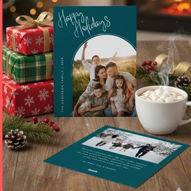 Cartão De Festividades Feliz Férias em Roteiro Moderno | Adicionar 2 Foto (Criador carregado)