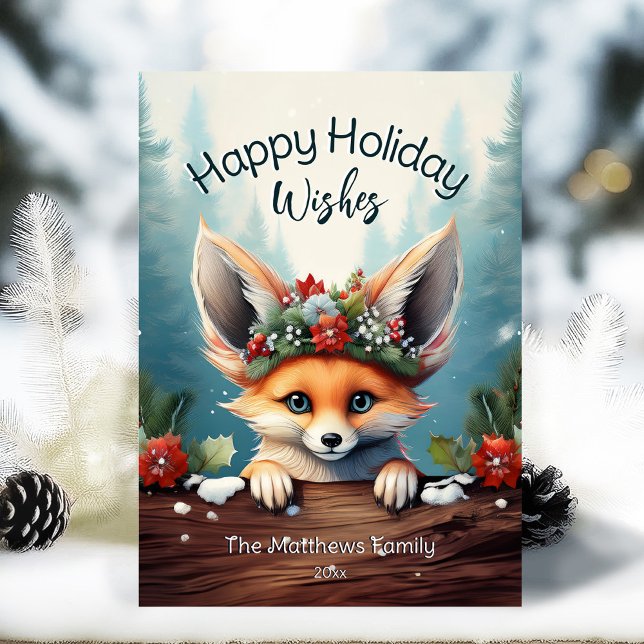 Cartão De Festividades Feliz Floresta Florestal de Neve em Fennec Fox (Adorable Winter Snowy Scene With Peeking Dogs or Farm/Woodland Animals - Over 50 to Choose From!)