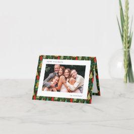 Cartão De Festividades Feliz Foto da Família de Padrões Verdes e Vermelho